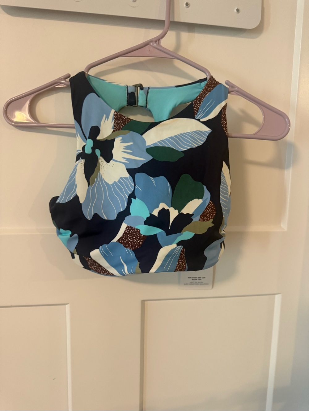 Athleta Floral Print High-Neck swim suit Top - Blue Multi NWT